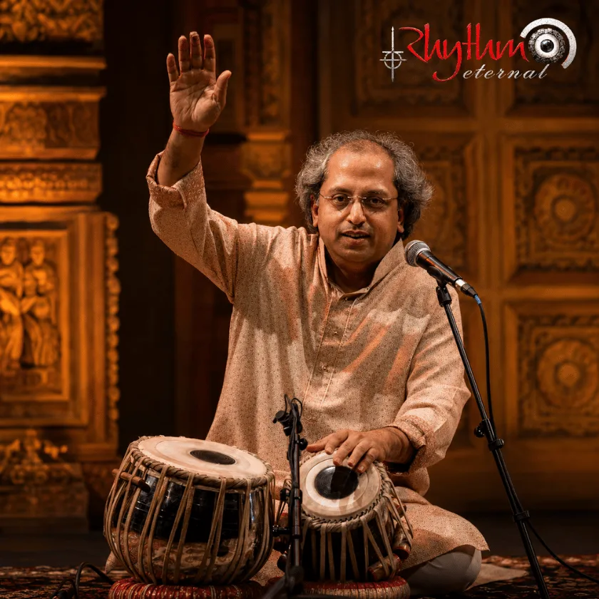 Professional Tabla Artist performing Indian Classical Music on stage with tabla